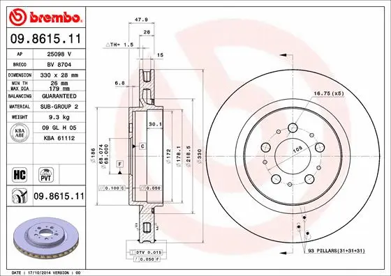 09.8615.11 BREMBO Тормозной диск (фото 1)