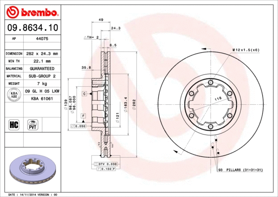 09.8634.10 BREMBO Тормозной диск (фото 1)