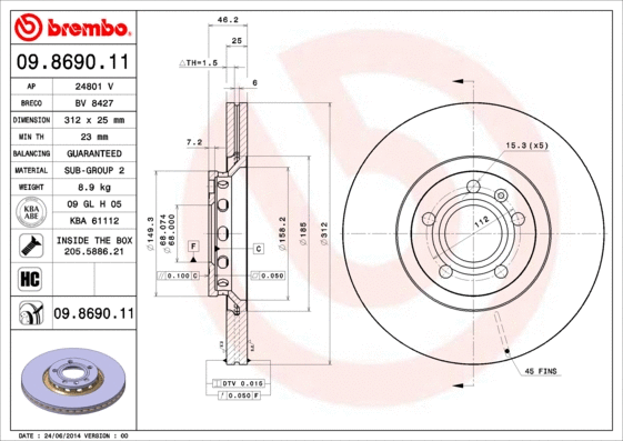 09.8690.11 BREMBO Тормозной диск (фото 1)