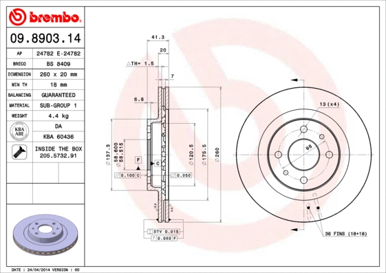 09.8903.14 BREMBO Тормозной диск (фото 1)