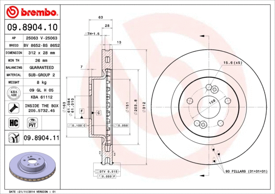 09.8904.11 BREMBO Тормозной диск (фото 1)