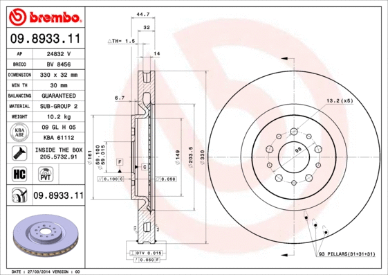 09.8933.11 BREMBO Тормозной диск (фото 1)