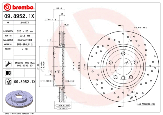 09.8952.1X BREMBO Тормозной диск (фото 1)