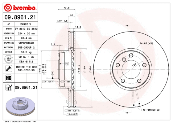 09.8961.21 BREMBO Тормозной диск (фото 1)