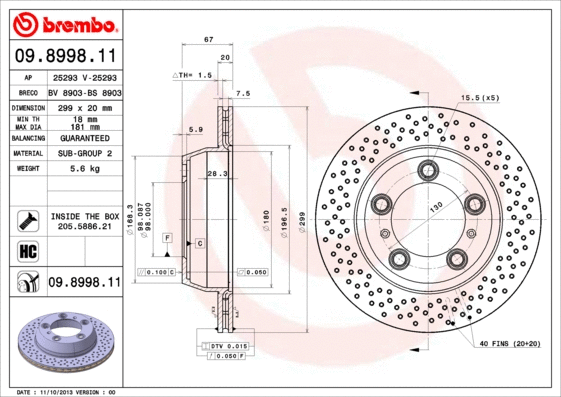 09.8998.11 BREMBO Тормозной диск (фото 1)