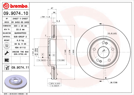 09.9074.10 BREMBO Тормозной диск (фото 1)