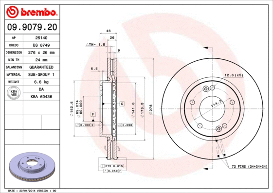 09.9079.20 BREMBO Тормозной диск (фото 1)