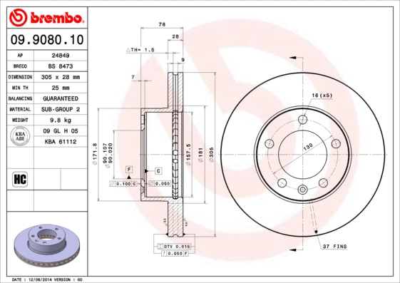 09.9080.10 BREMBO Тормозной диск (фото 1)