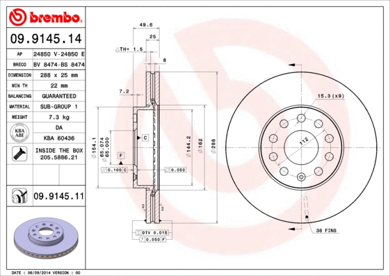 09.9145.14 BREMBO Тормозной диск (фото 1)