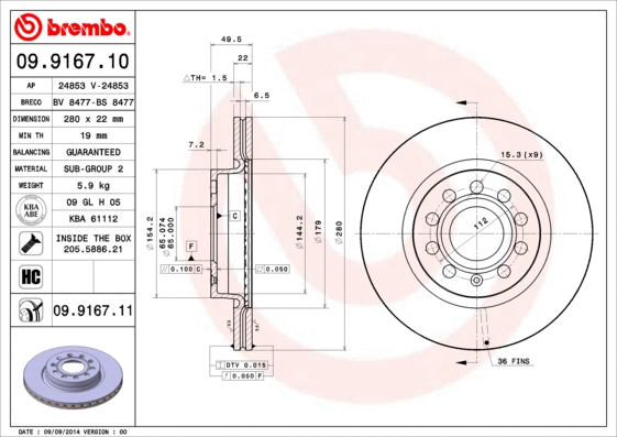 09.9167.10 BREMBO Тормозной диск (фото 1)