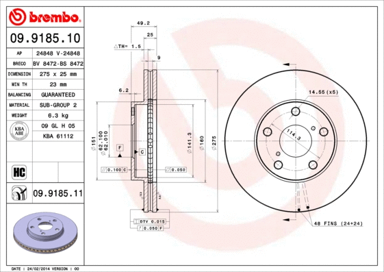 09.9185.10 BREMBO Тормозной диск (фото 1)