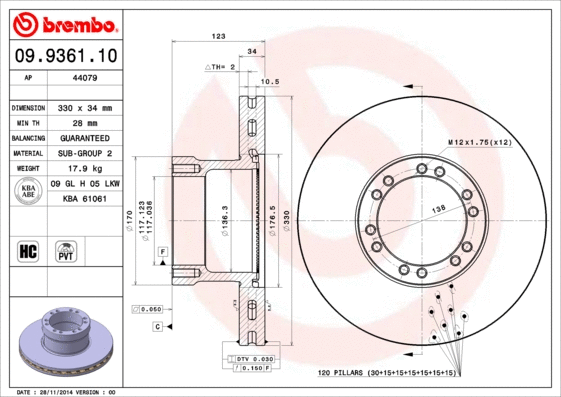 09.9361.10 BREMBO Тормозной диск (фото 1)