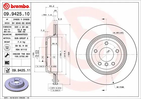 09.9425.10 BREMBO Тормозной диск (фото 1)