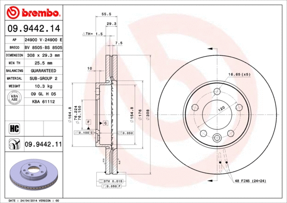 09.9442.14 BREMBO Тормозной диск (фото 1)