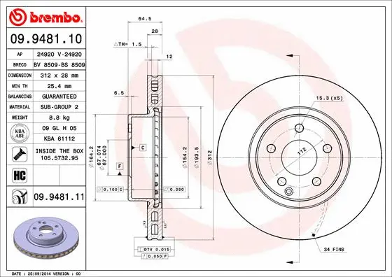 09.9481.11 BREMBO Тормозной диск (фото 1)