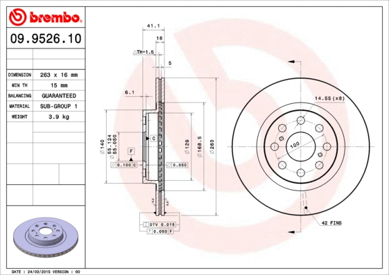 09.9526.10 BREMBO Тормозной диск (фото 1)