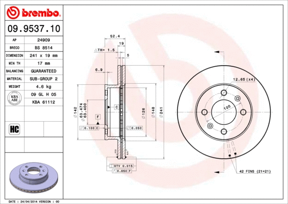 09.9537.10 BREMBO Тормозной диск (фото 1)