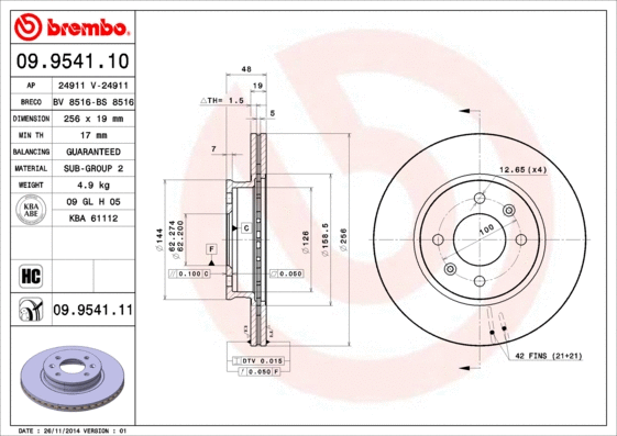 09.9541.11 BREMBO Тормозной диск (фото 1)