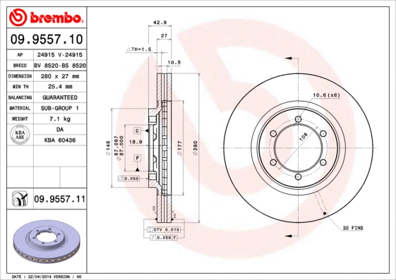 09.9557.10 BREMBO Тормозной диск (фото 1)