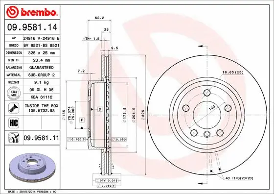 09.9581.11 BREMBO Тормозной диск (фото 1)