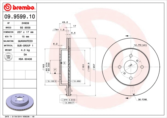 09.9599.10 BREMBO Тормозной диск (фото 1)