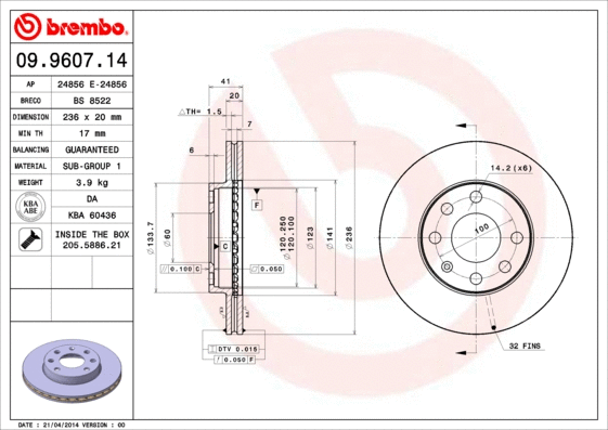 09.9607.14 BREMBO Тормозной диск (фото 1)