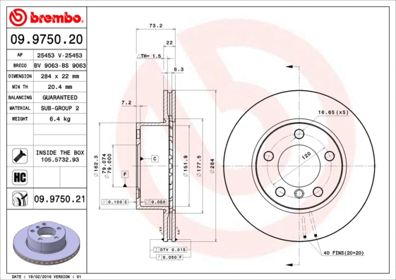 09.9750.21 BREMBO Тормозной диск (фото 1)