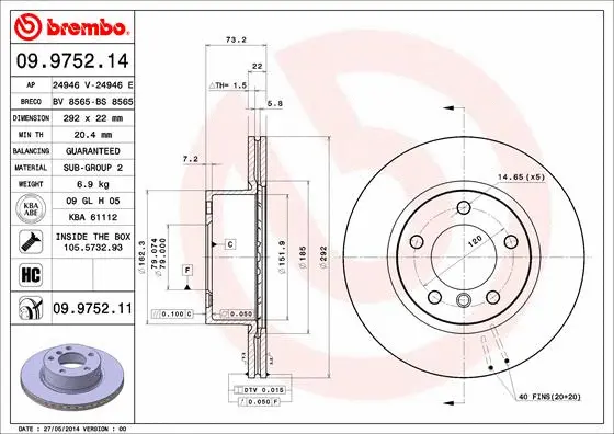 09.9752.11 BREMBO Тормозной диск (фото 1)