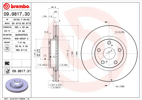 09.9817.31 BREMBO Тормозной диск (фото 1)