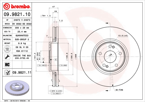 09.9821.10 BREMBO Тормозной диск (фото 1)