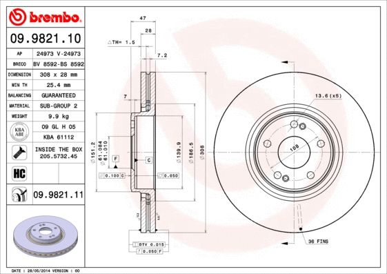 09.9821.11 BREMBO Тормозной диск (фото 1)