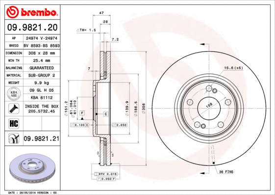 09.9821.20 BREMBO Тормозной диск (фото 1)