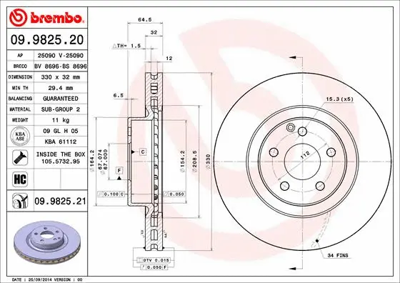 09.9825.20 BREMBO Тормозной диск (фото 1)