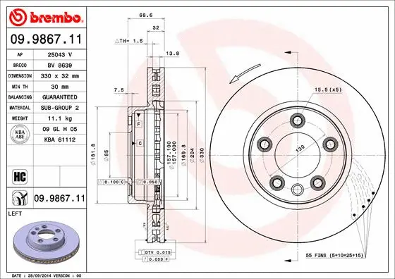 09.9867.11 BREMBO Тормозной диск (фото 1)