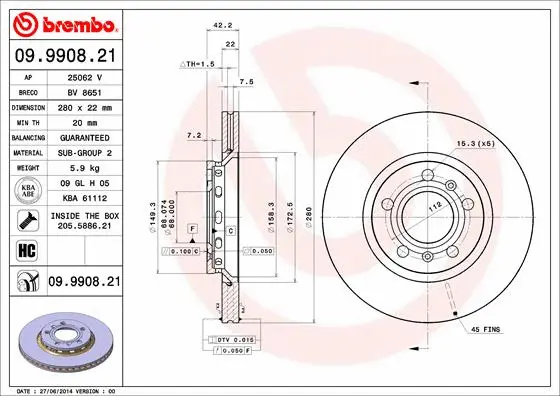 09.9908.21 BREMBO Тормозной диск (фото 1)