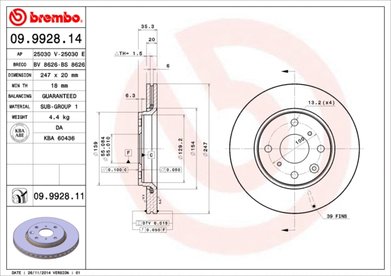 09.9928.14 BREMBO Тормозной диск (фото 1)