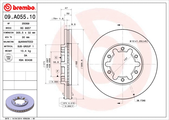 09.A055.10 BREMBO Тормозной диск (фото 1)