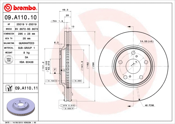 09.A110.10 BREMBO Тормозной диск (фото 1)