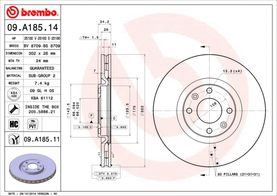 09.A185.14 BREMBO Тормозной диск (фото 1)