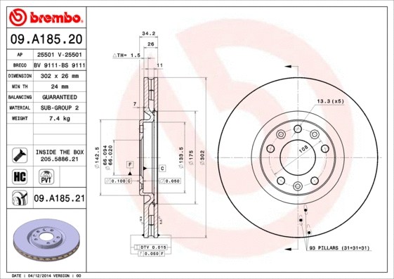 09.A185.21 BREMBO Тормозной диск (фото 1)