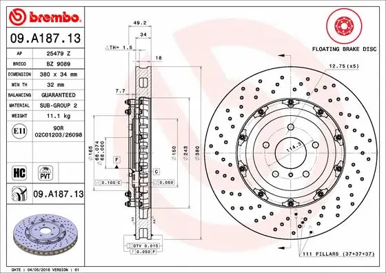 09.A187.13 BREMBO Тормозной диск (фото 1)
