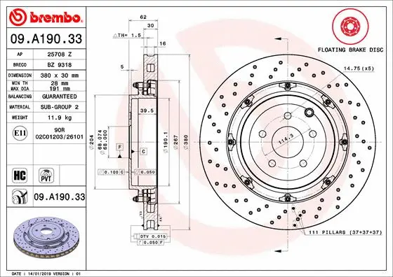 09.A190.33 BREMBO Тормозной диск (фото 1)