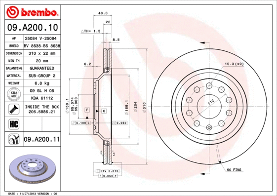 09.A200.10 BREMBO Тормозной диск (фото 1)