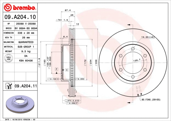 09.A204.10 BREMBO Тормозной диск (фото 1)