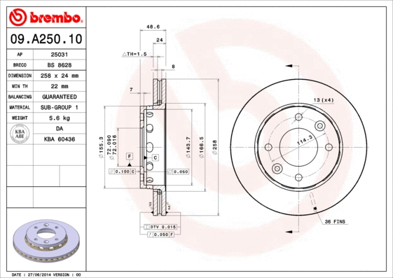 09.A250.10 BREMBO Тормозной диск (фото 1)