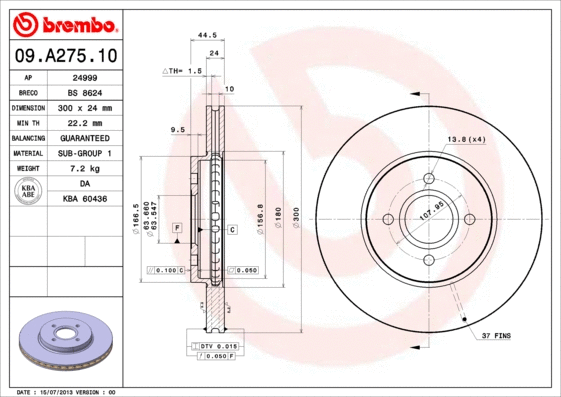 09.A275.10 BREMBO Тормозной диск (фото 1)