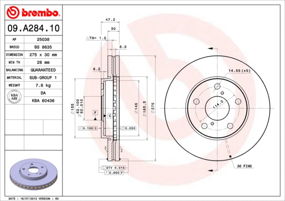 09.A284.10 BREMBO Тормозной диск (фото 1)