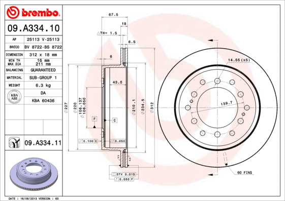 09.A334.10 BREMBO Тормозной диск (фото 1)