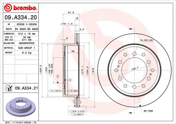09.A334.20 BREMBO Тормозной диск (фото 1)