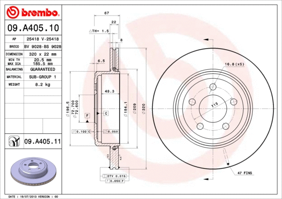 09.A405.10 BREMBO Тормозной диск (фото 1)